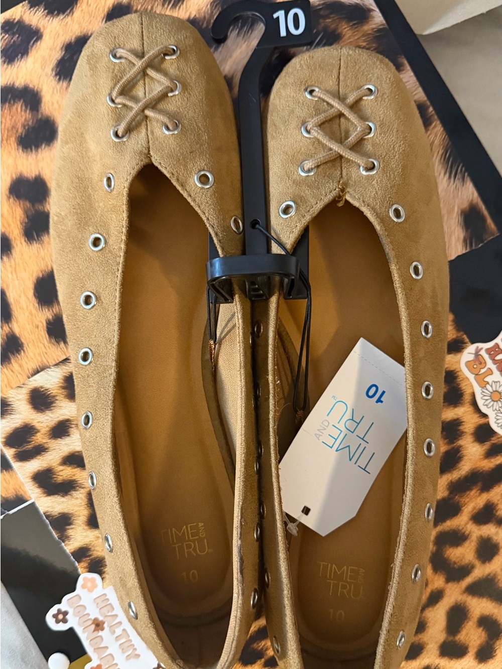 Time and Tru Tan Suede Lace-Up Ballet Flats with Eyelet Detail